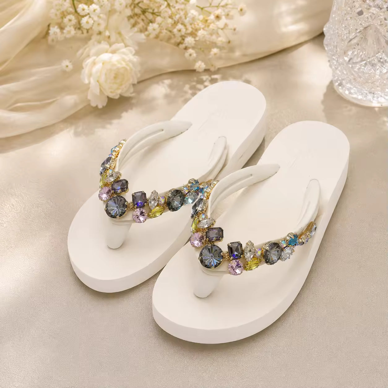 Rhinestone Flip Flops Women's Summer Slope High Heel Non Slip Outer Wear Fashionable Height Enhancing Cool Slippers