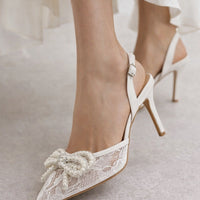 New Fashion Pearl Bowknot Mesh Pointed Toe White High Heels Sling back Sandal Sexy Back Buckle Strap Shoes Women Pumps