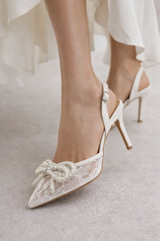 New Fashion Pearl Bowknot Mesh Pointed Toe White High Heels Sling back Sandal Sexy Back Buckle Strap Shoes Women Pumps