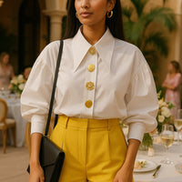 Chic Sharp Corner Collar Blouse Women Elegant Pearl Button White Shirt Ladies New Fashion Lantern Sleeve Shirts