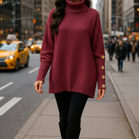 Loose Knitted High Collar Turn-down Collar Sweater for Women Full Sleeve Polyester Fiber Cross-Border Fashion Decorative Button