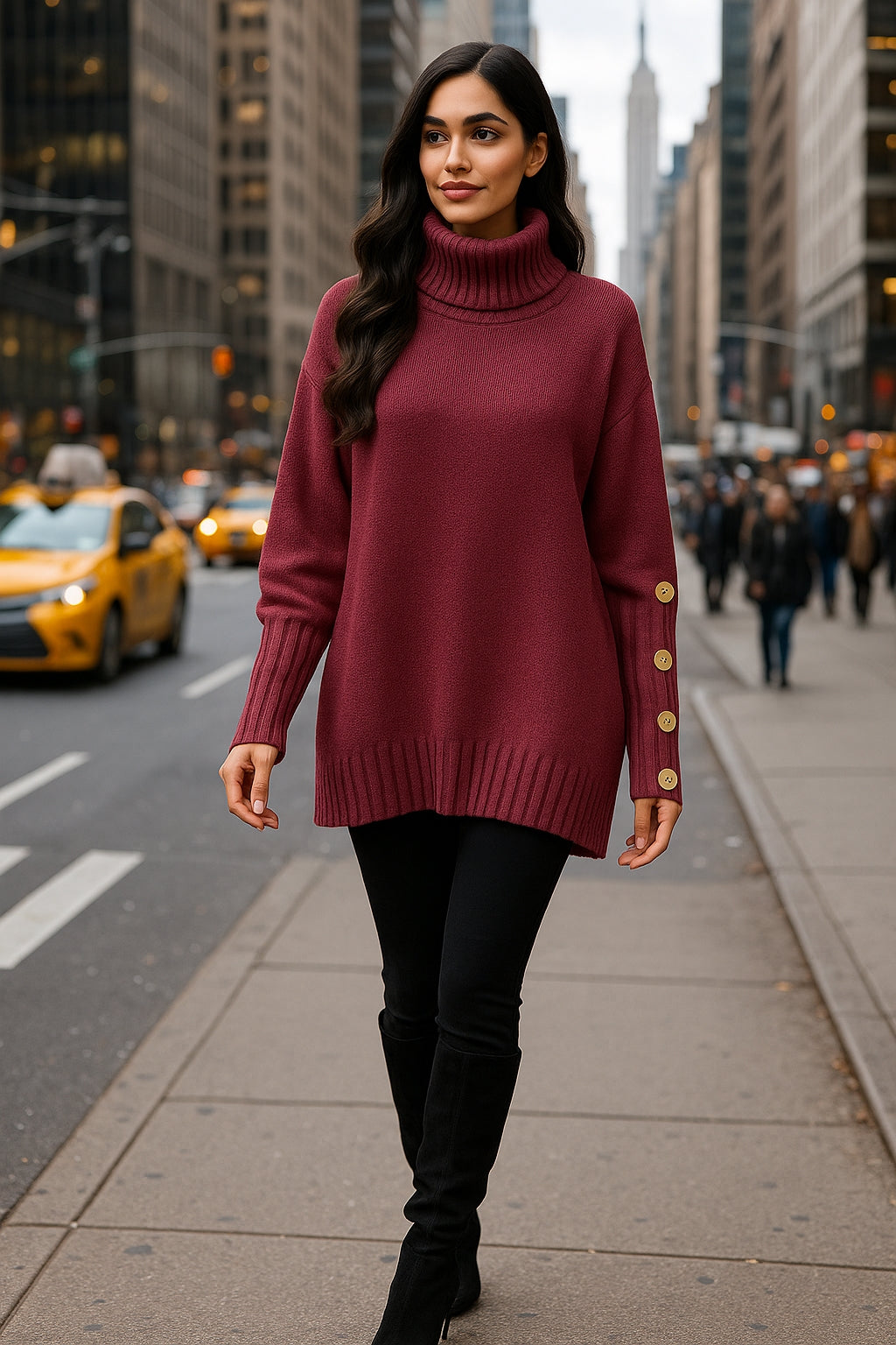 Loose Knitted High Collar Turn-down Collar Sweater for Women Full Sleeve Polyester Fiber Cross-Border Fashion Decorative Button