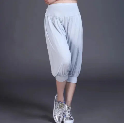 Woman modal yoga pants female summer solid belly dancing calf length pants Natalia Home Fashion   white-L Natalia Home Fashion