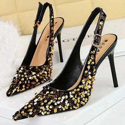 Women 7 Cm 9.5cm Heels Sequin Women Pumps Luxury Banquet Shoes Sexy Party Shoes Fashion High Heels Wedding Shoes Sandals Natalia Home Fashion   869-22-gold-9.5cm-39 Natalia Home Fashion