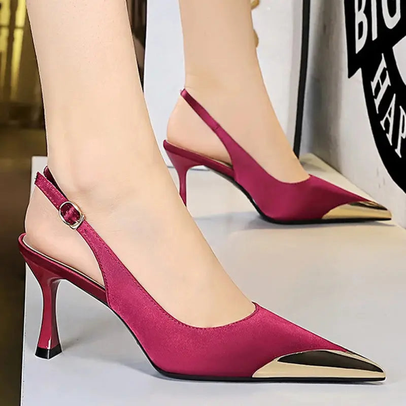 Women 7 Cm Heels Metal Pointed Women Pumps Silks Satins Heels Hollow Back Women Sandals Sexy Lady Pumps Natalia Home Fashion    Natalia Home Fashion