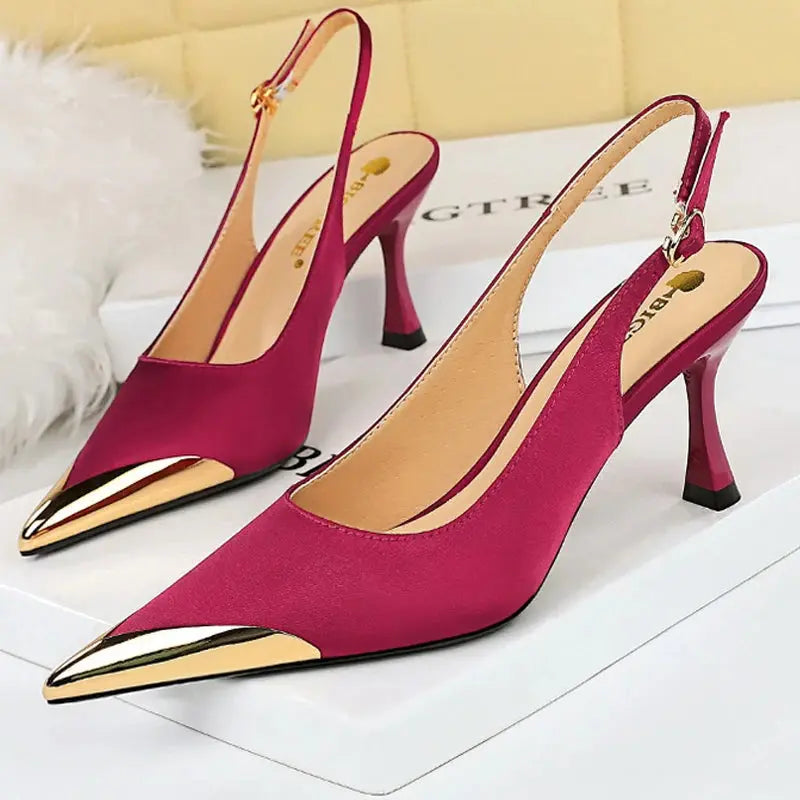 Women 7 Cm Heels Metal Pointed Women Pumps Silks Satins Heels Hollow Back Women Sandals Sexy Lady Pumps Natalia Home Fashion   claret-40 Natalia Home Fashion