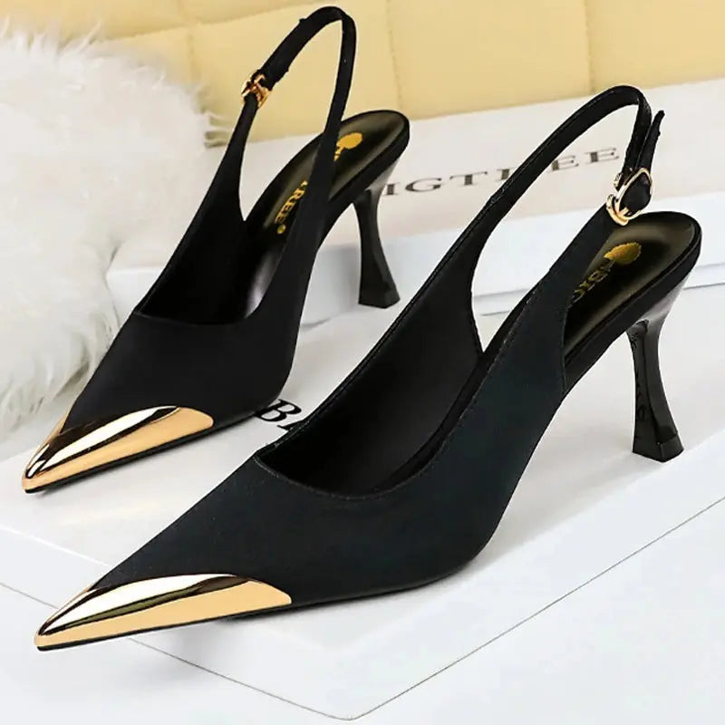 Women 7 Cm Heels Metal Pointed Women Pumps Silks Satins Heels Hollow Back Women Sandals Sexy Lady Pumps Natalia Home Fashion   black-34 Natalia Home Fashion