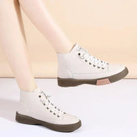 Women Casual Genuine Leather Soft Sole Higth Top Walking Sneaker Girl Student Sport Jogging Shoes Flats Trendy Marton Ankle Boot Natalia Home Fashion   Beige-38 Natalia Home Fashion