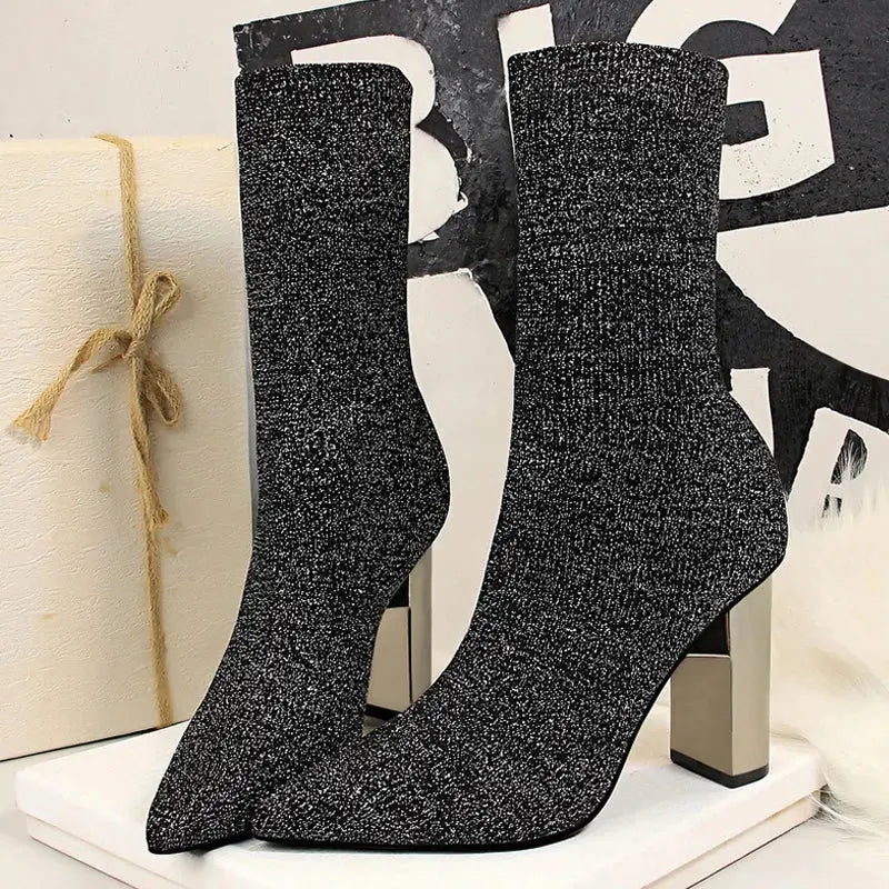Women Elastic Sock Boots Metal Block Heel Women Boots Sexy High-heel Boots  Women Ankle Boots Natalia Home Fashion    Natalia Home Fashion