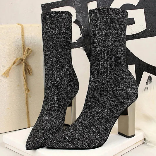 Women Elastic Sock Boots Metal Block Heel Women Boots Sexy High-heel Boots  Women Ankle Boots Natalia Home Fashion    Natalia Home Fashion