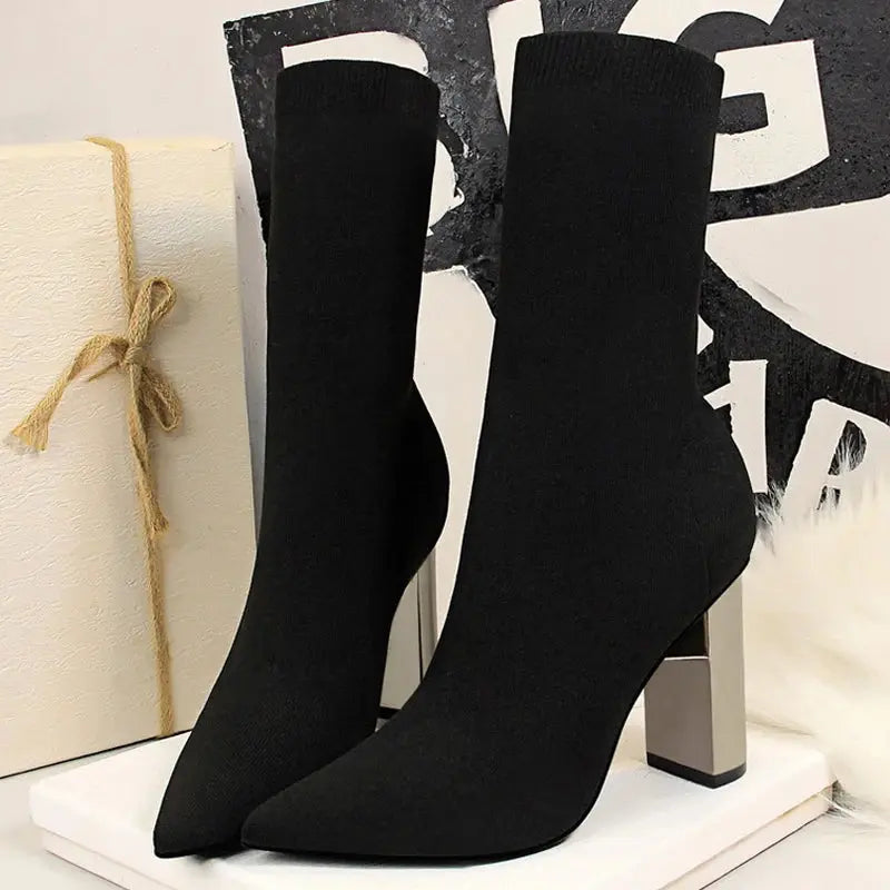 Women Elastic Sock Boots Metal Block Heel Women Boots Sexy High-heel Boots  Women Ankle Boots Natalia Home Fashion    Natalia Home Fashion