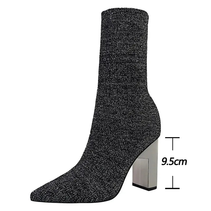 Women Elastic Sock Boots Metal Block Heel Women Boots Sexy High-heel Boots  Women Ankle Boots Natalia Home Fashion    Natalia Home Fashion
