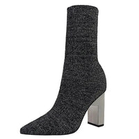 Women Elastic Sock Boots Metal Block Heel Women Boots Sexy High-heel Boots  Women Ankle Boots Natalia Home Fashion   slivery-41 Natalia Home Fashion