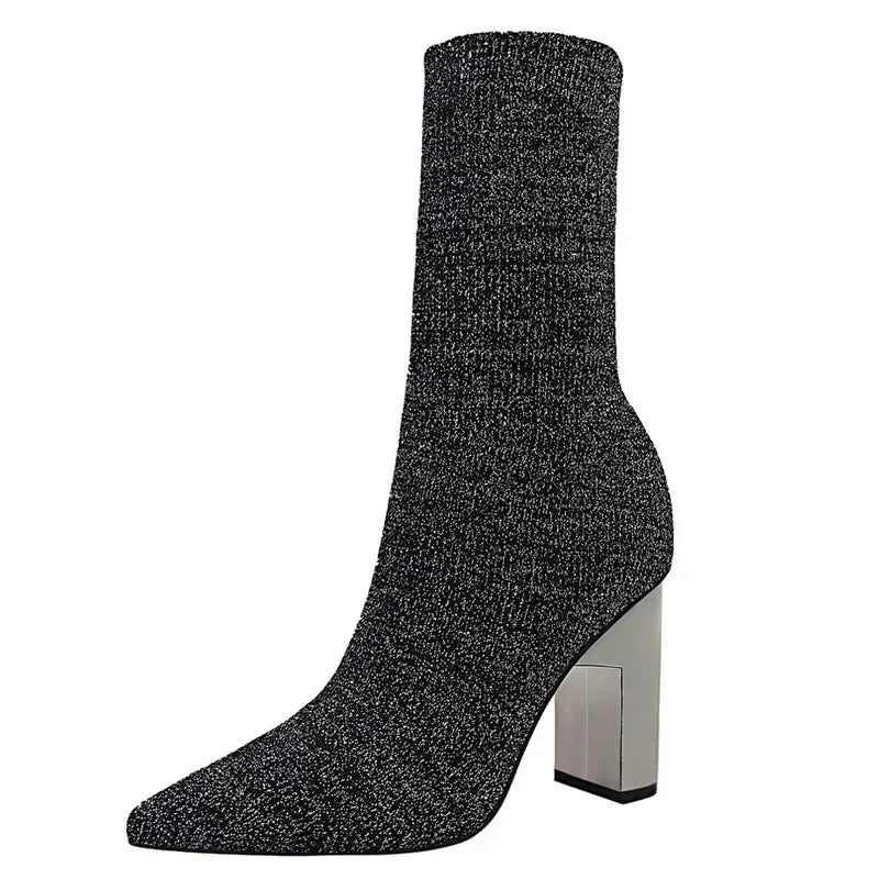 Women Elastic Sock Boots Metal Block Heel Women Boots Sexy High-heel Boots  Women Ankle Boots Natalia Home Fashion   slivery-41 Natalia Home Fashion