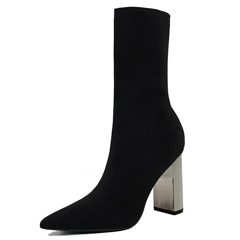 Women Elastic Sock Boots Metal Block Heel Women Boots Sexy High-heel Boots  Women Ankle Boots Natalia Home Fashion   black-43 Natalia Home Fashion