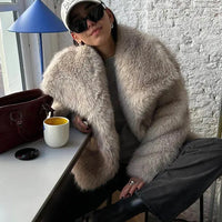 Women Fashion Cropped Faux Fur Jacket Coat Long Sleeve Front Snap-button Female Outerwear Chic Lapel Collar Thick Coat Natalia Home Fashion    Natalia Home Fashion