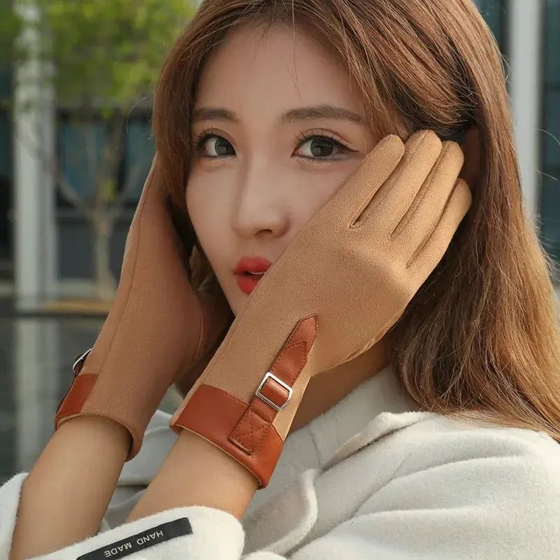 Women Fashion Elegant Business Style Suede Keep Warm Touch Screen Gloves Drive Skiing Cycling Not Bloated Fleece Natalia Home Fashion   khaki Natalia Home Fashion