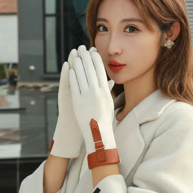 Women Fashion Elegant Business Style Suede Keep Warm Touch Screen Gloves Drive Skiing Cycling Not Bloated Fleece Natalia Home Fashion   beige Natalia Home Fashion