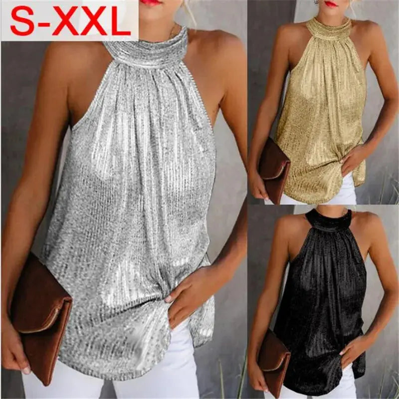 Women Fashion Shiny Halter Neck Tank Tops Vest Ladies Summer Casual Solid Color Sleeveless T shirt Blouse Black Gold Silver Natalia Home Fashion    Natalia Home Fashion