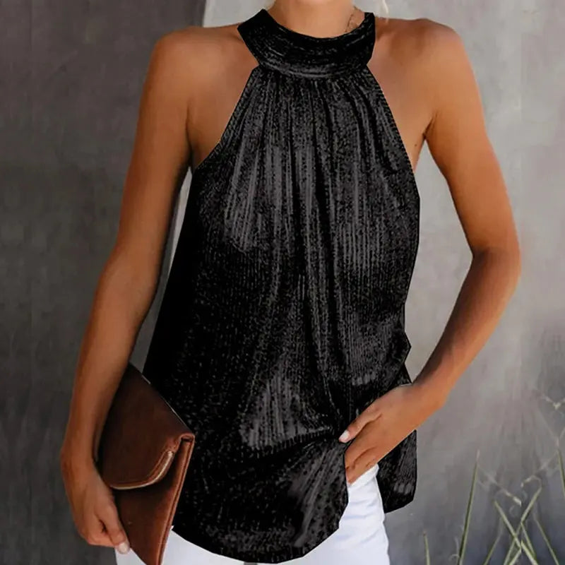 Women Fashion Shiny Halter Neck Tank Tops Vest Ladies Summer Casual Solid Color Sleeveless T shirt Blouse Black Gold Silver Natalia Home Fashion    Natalia Home Fashion