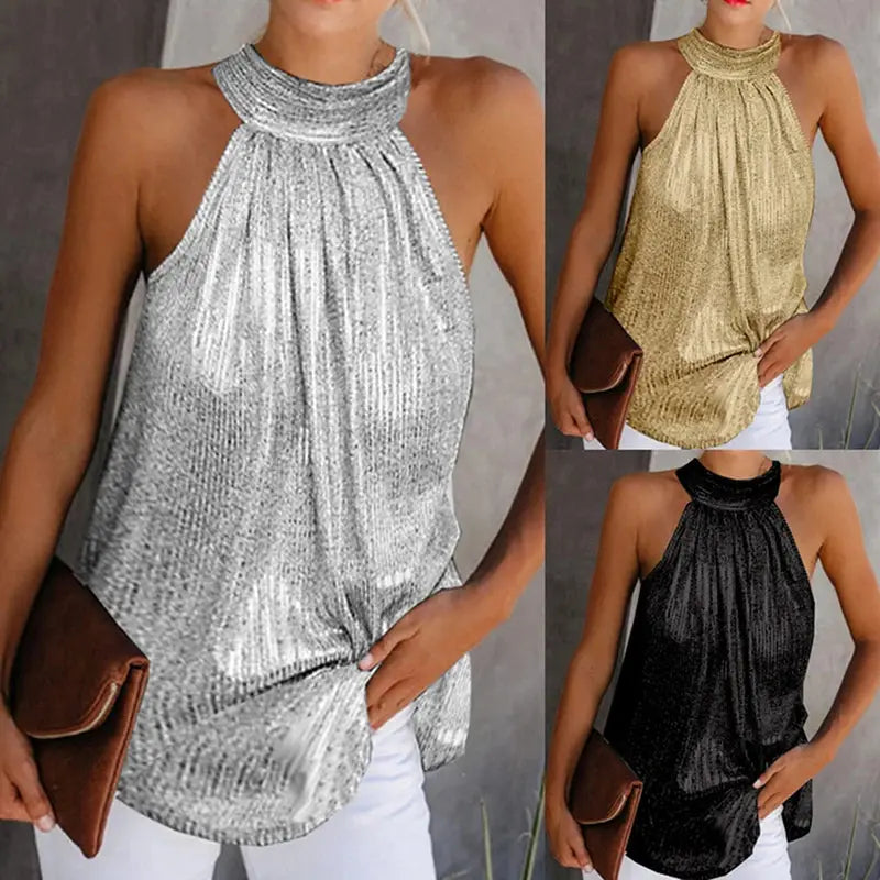 Women Fashion Shiny Halter Neck Tank Tops Vest Ladies Summer Casual Solid Color Sleeveless T shirt Blouse Black Gold Silver Natalia Home Fashion    Natalia Home Fashion