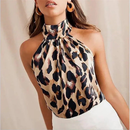 Women Fashion Shiny Halter Neck Tank Tops Vest Ladies Summer Casual Solid Color Sleeveless T shirt Blouse Black Gold Silver Natalia Home Fashion   Leopard-S Natalia Home Fashion