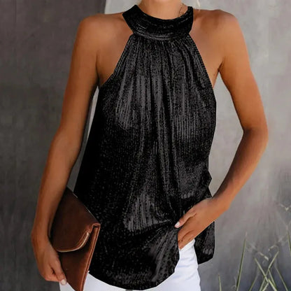 Women Fashion Shiny Halter Neck Tank Tops Vest Ladies Summer Casual Solid Color Sleeveless T shirt Blouse Black Gold Silver Natalia Home Fashion    Natalia Home Fashion