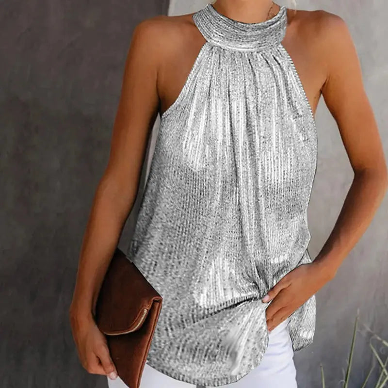 Women Fashion Shiny Halter Neck Tank Tops Vest Ladies Summer Casual Solid Color Sleeveless T shirt Blouse Black Gold Silver Natalia Home Fashion   silver-M Natalia Home Fashion