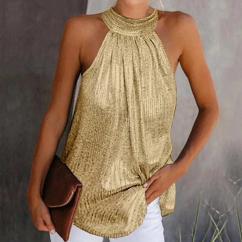 Women Fashion Shiny Halter Neck Tank Tops Vest Ladies Summer Casual Solid Color Sleeveless T shirt Blouse Black Gold Silver Natalia Home Fashion   gold-L Natalia Home Fashion