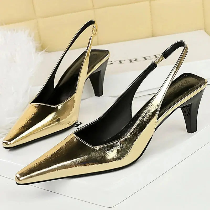 Women Heels Women 4Cm Heels Ladies Pumps Leisure Women's Shoes Hollow Back Strap Summer Women Sandals Natalia Home Fashion   Gold-37 Natalia Home Fashion