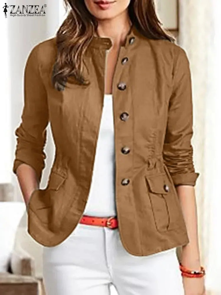 Women Jackets Autumn Vintage Casual Work Outwear Female Streetwear Caquetá Long Sleeve Solid Slim Fit Coats Natalia Home Fashion   Brown-L-CHINA Natalia Home Fashion