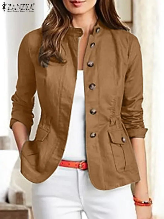 Women Jackets Autumn Vintage Casual Work Outwear Female Streetwear Caquetá Long Sleeve Solid Slim Fit Coats Natalia Home Fashion   Brown-L-CHINA Natalia Home Fashion