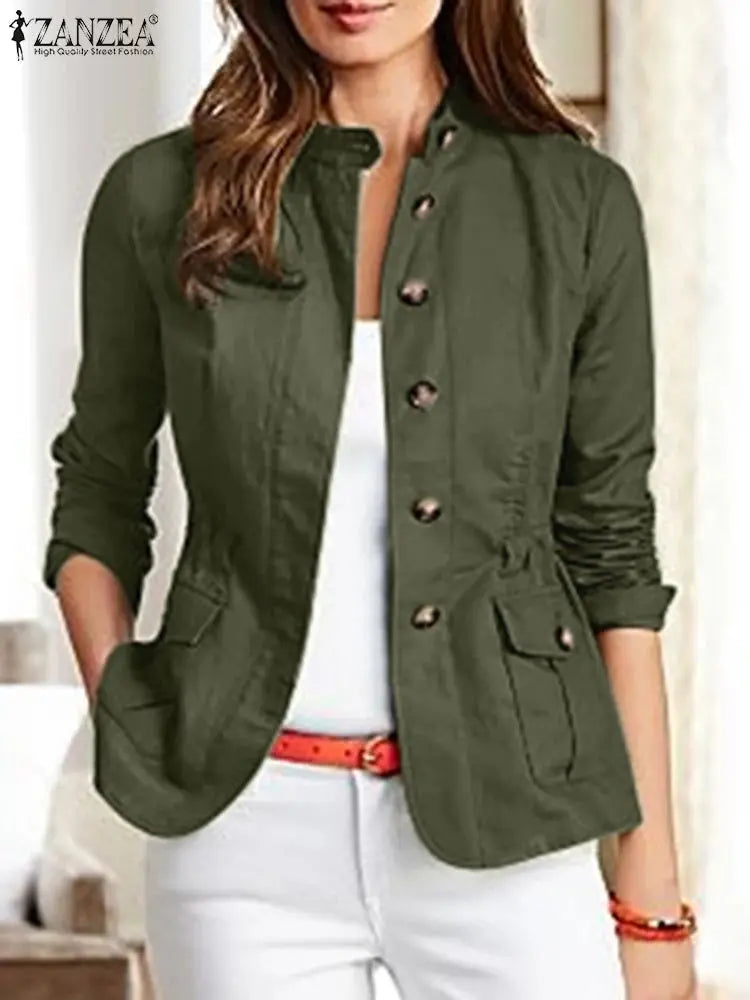 Women Jackets Autumn Vintage Casual Work Outwear Female Streetwear Caquetá Long Sleeve Solid Slim Fit Coats Natalia Home Fashion   Dark-Green-L-CHINA Natalia Home Fashion