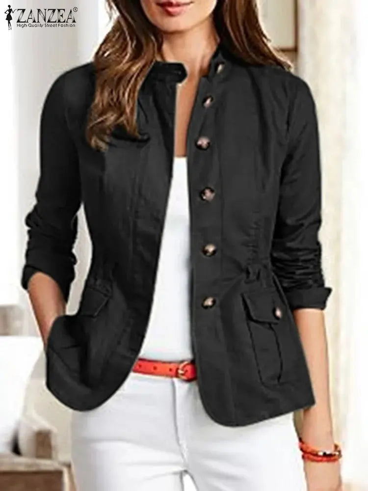 Women Jackets Autumn Vintage Casual Work Outwear Female Streetwear Caquetá Long Sleeve Solid Slim Fit Coats Natalia Home Fashion   Black-L-CHINA Natalia Home Fashion