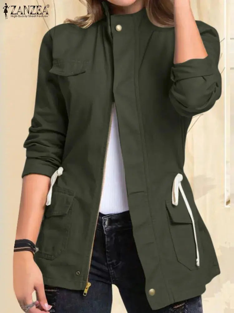 Women Jackets Autumn Vintage Casual Work Outwear Female Streetwear Caquetá Long Sleeve Solid Slim Fit Coats Natalia Home Fashion   B-Dark-Green-S-CHINA Natalia Home Fashion