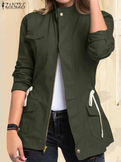 Women Jackets Autumn Vintage Casual Work Outwear Female Streetwear Caquetá Long Sleeve Solid Slim Fit Coats Natalia Home Fashion   B-Dark-Green-S-CHINA Natalia Home Fashion