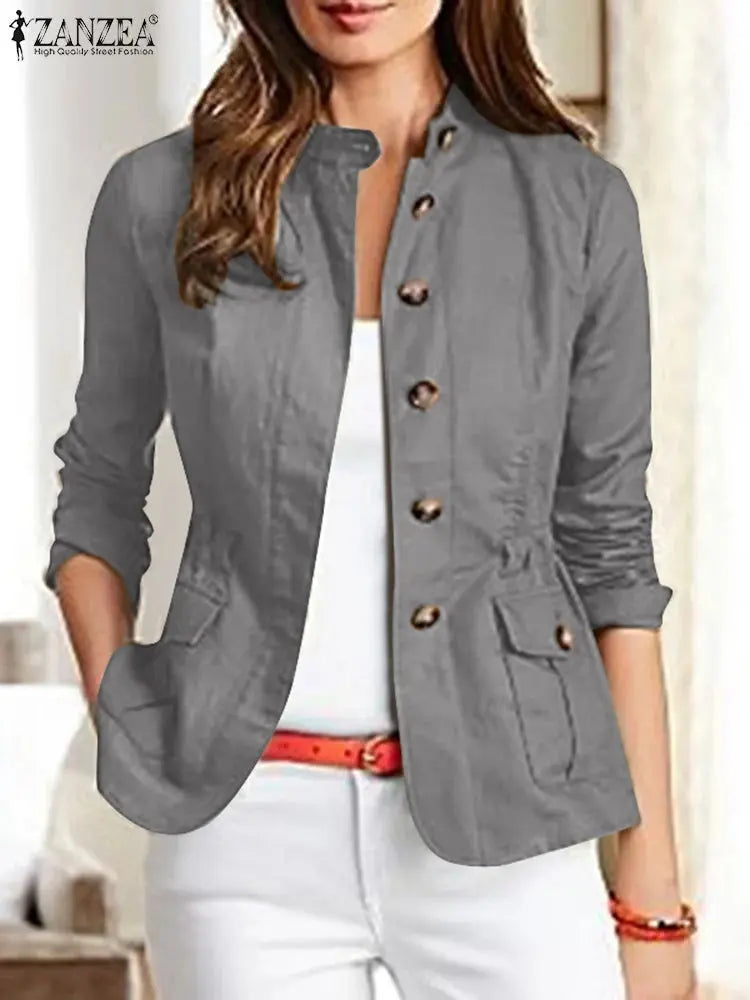 Women Jackets Autumn Vintage Casual Work Outwear Female Streetwear Caquetá Long Sleeve Solid Slim Fit Coats Natalia Home Fashion   GRAY-L-CHINA Natalia Home Fashion