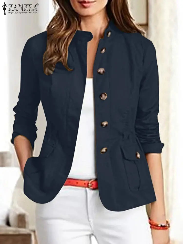 Women Jackets Autumn Vintage Casual Work Outwear Female Streetwear Caquetá Long Sleeve Solid Slim Fit Coats Natalia Home Fashion   Dark-Blue-L-CHINA Natalia Home Fashion