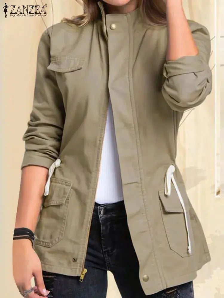 Women Jackets Autumn Vintage Casual Work Outwear Female Streetwear Caquetá Long Sleeve Solid Slim Fit Coats Natalia Home Fashion   B-Khaki-S-CHINA Natalia Home Fashion