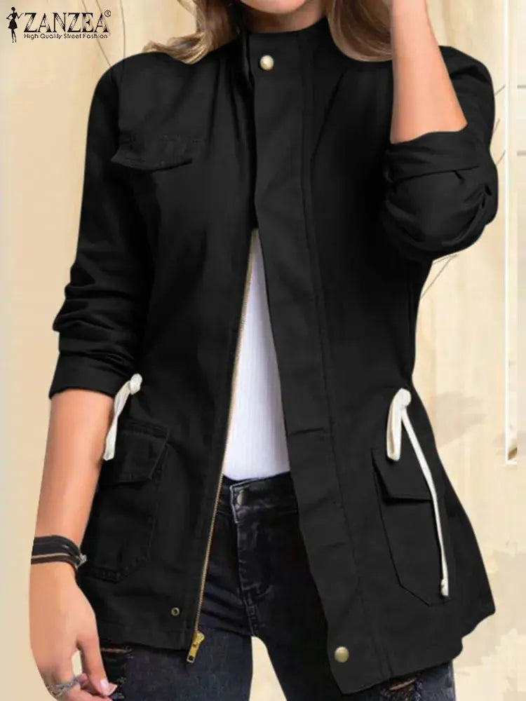 Women Jackets Autumn Vintage Casual Work Outwear Female Streetwear Caquetá Long Sleeve Solid Slim Fit Coats Natalia Home Fashion   B-Black-S-CHINA Natalia Home Fashion