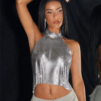 Women Metal Sequins High Collar Halter Neck Tank Top Sexy Backless Off The Shoulder Camisole Vocal Concert Party Crop Top Natalia Home Fashion    Natalia Home Fashion