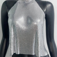 Women Metal Sequins High Collar Halter Neck Tank Top Sexy Backless Off The Shoulder Camisole Vocal Concert Party Crop Top Natalia Home Fashion    Natalia Home Fashion