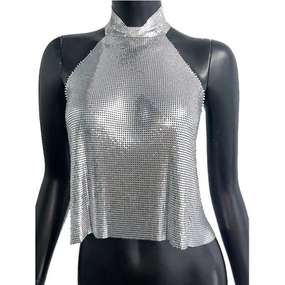 Women Metal Sequins High Collar Halter Neck Tank Top Sexy Backless Off The Shoulder Camisole Vocal Concert Party Crop Top Natalia Home Fashion   Silver-L Natalia Home Fashion