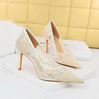 Women Pumps Luxury Mesh Lace Pointed-toe Shoes Wrap-toe Shallow High Heel Pumps For Ladies Annual Meeting Nightclub Shoes My Store