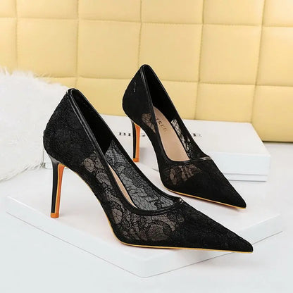 Women Pumps Luxury Mesh Lace Pointed-toe Shoes Wrap-toe Shallow High Heel Pumps For Ladies Annual Meeting Nightclub Shoes My Store