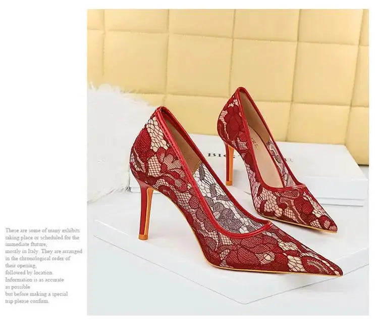 Women Pumps Luxury Mesh Lace Pointed-toe Shoes Wrap-toe Shallow High Heel Pumps For Ladies Annual Meeting Nightclub Shoes My Store