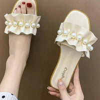 Women Slides Faux Pearl Décor Ruffle Trim Sandals Open Toe Wear-resistant Flat Slippers Summer Semi Formal Sandals Women Shoes Natalia Home Fashion    Natalia Home Fashion