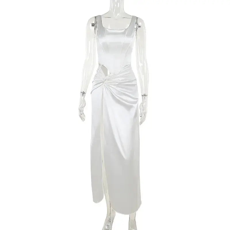 Women Solid Off-shoulder Backless Sleeveless Bodycon Fashion Long Dress Satin Strapless Thigh High Split Maxi Dress My Store