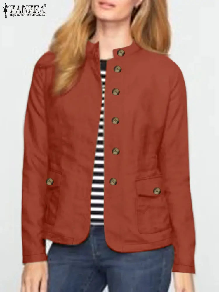 Women Spring Jackets Autumn Fashion Stand Collar Long Sleeve Thin Coats Casual Solid Work Outwear Loose Shirt Caquetá Natalia Home Fashion   XXXL-Orange Natalia Home Fashion