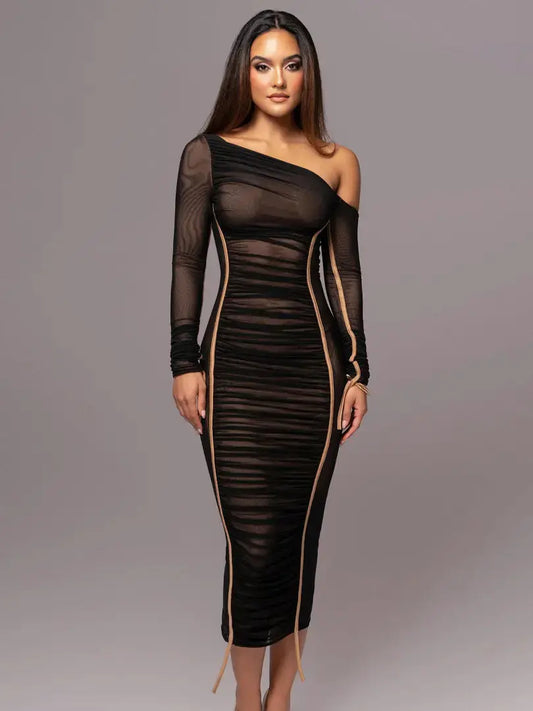 Women Two Layer Mesh Backless Ruched Bodycon Club Party Sexy Long Dress Diagonal Collar Long Sleeve Midi Dress My Store